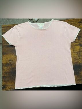 Adorable Vintage Y2K Coquette Strawberry Milk Baby Pink Lace Knit Trim Baby Tee